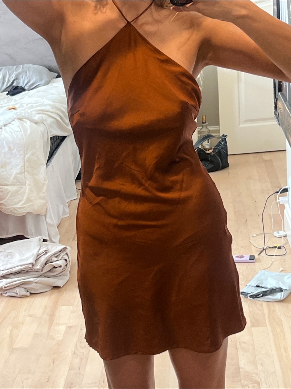 Satin Halter Slip Dress in Burnt Copper